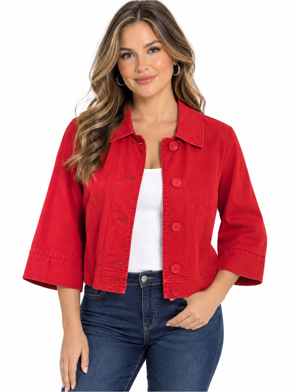 Y2K Cropped Red Cotton Button-Front Denim Jacket
